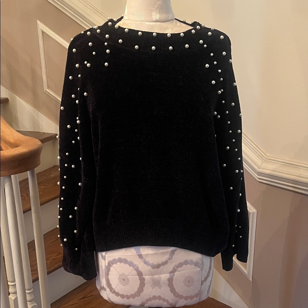 Crown & Ivy Black Sweater with Pearl Accents